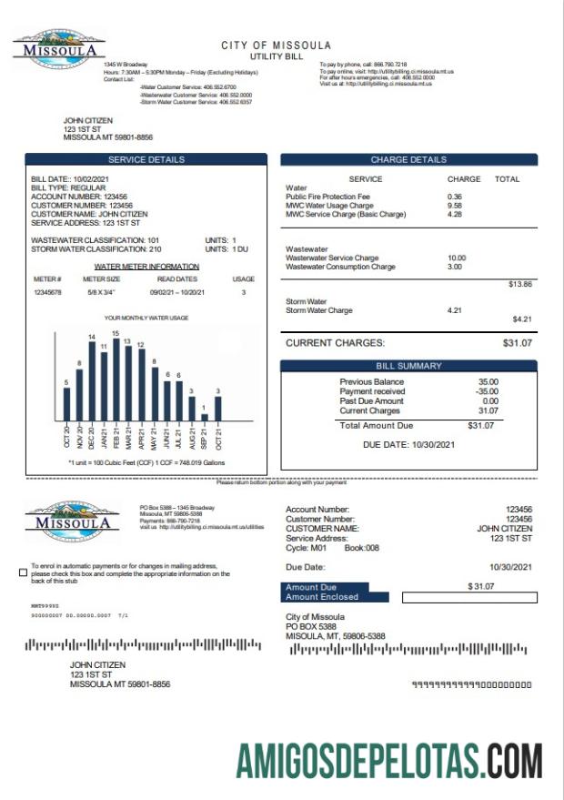 Em branco modelo de conta de serviços públicos da cidade de Missoula nos EUA em formato Word e PDF